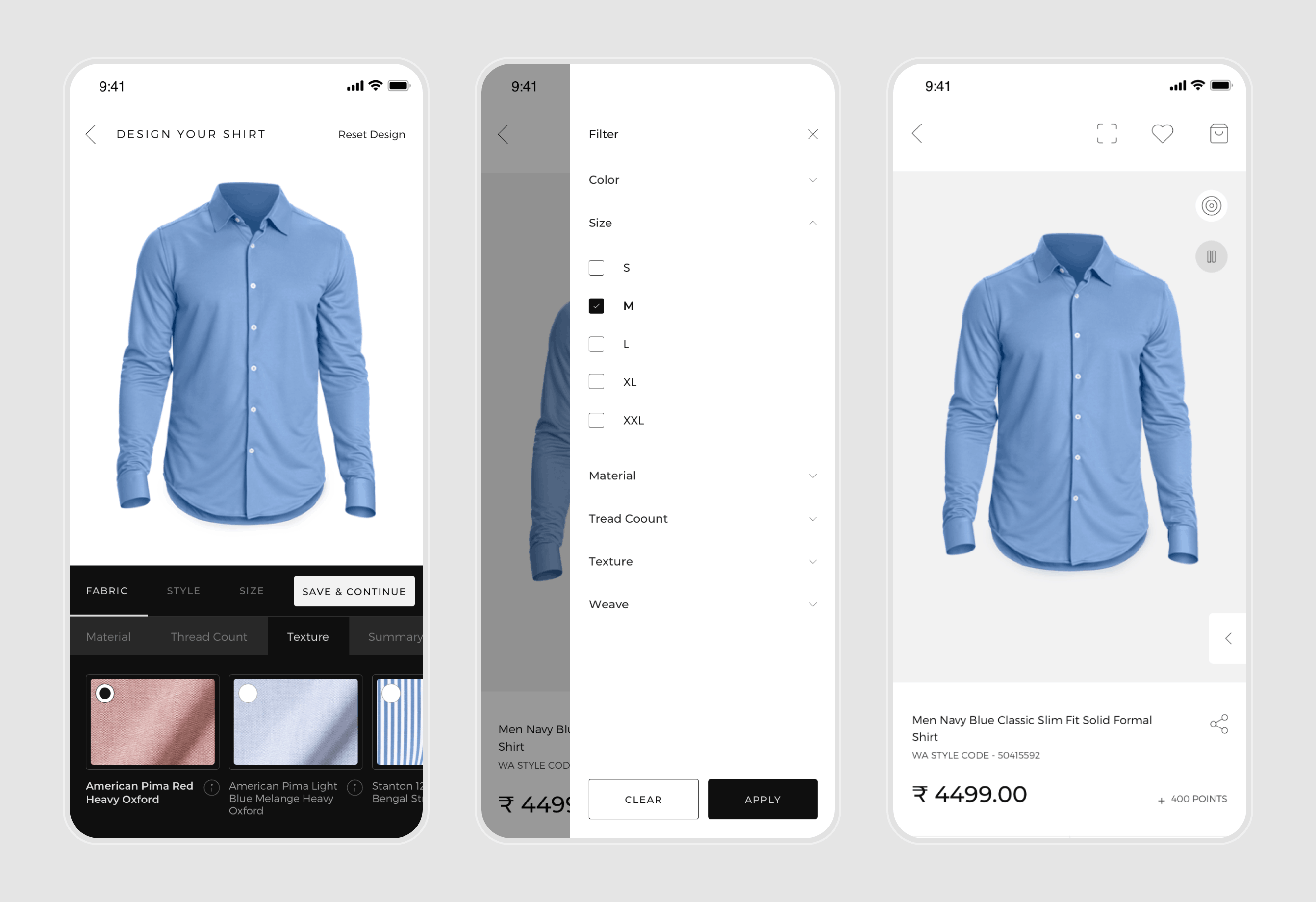 WA Clothing product interface detail