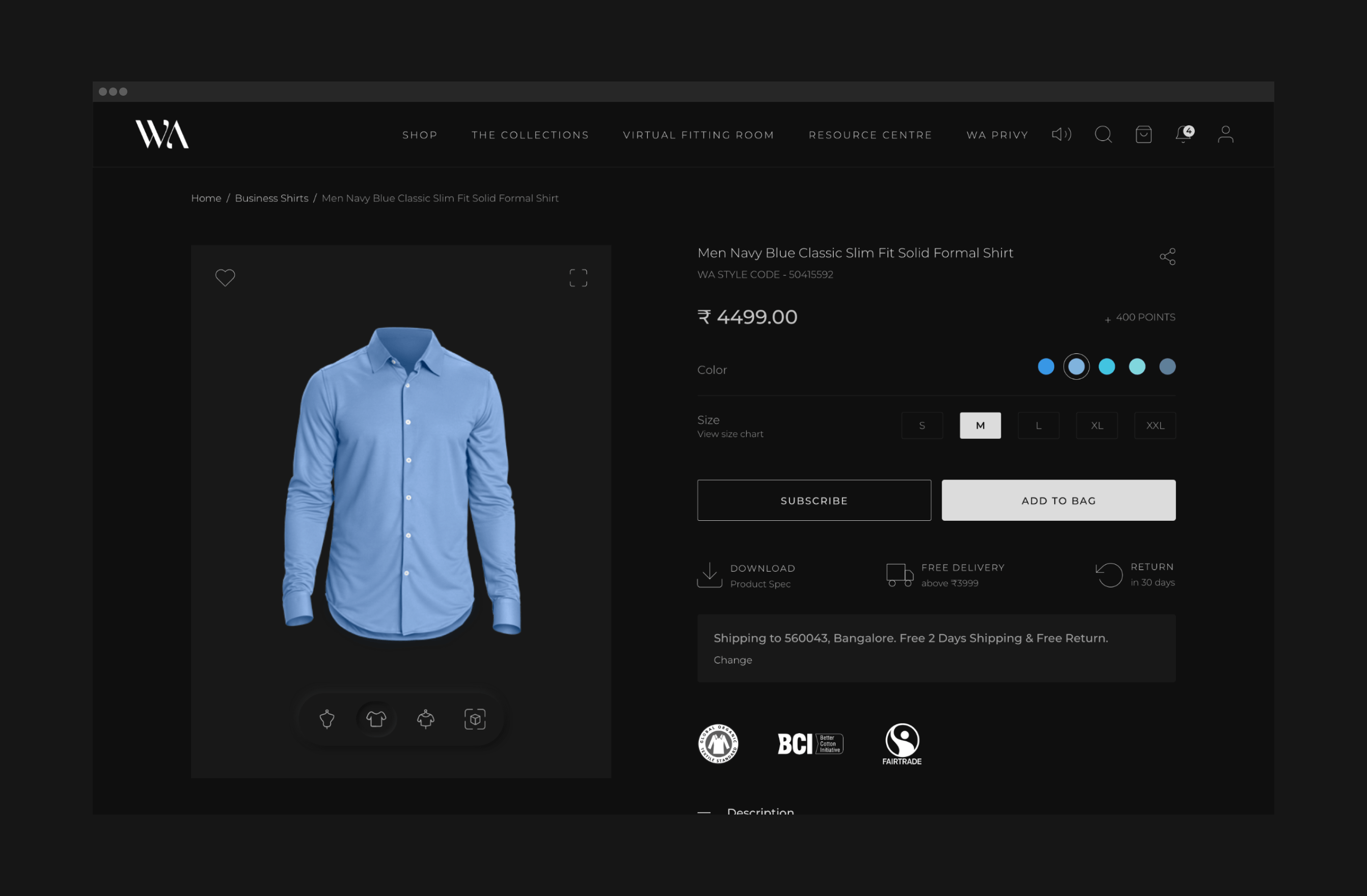WA Clothing product interface detail